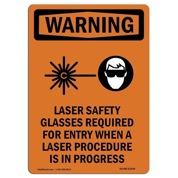 OSHA WARNING Sign, Laser Safety Glasses W/ Symbol, 18in X 12in Aluminum, 12